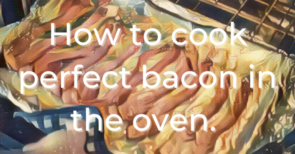 stylized image of bacon in the oven on cookie sheet