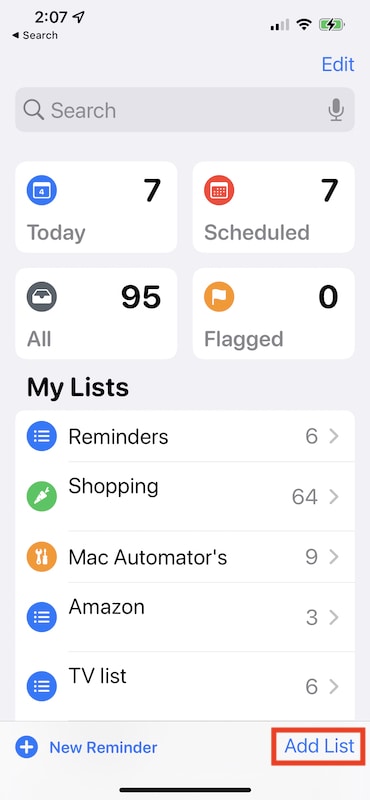Reminders App Add List highlighted