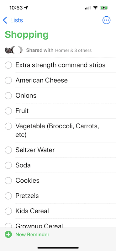 Shopping List example in Apple Reminders